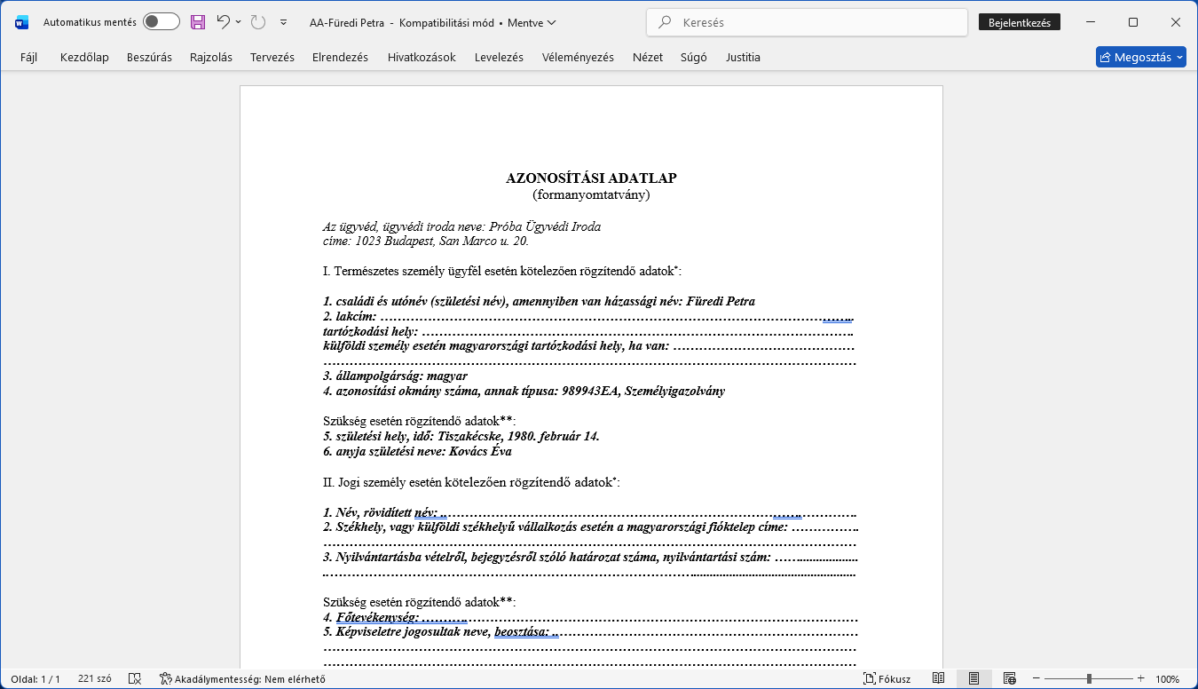 Azonosítási adatlap