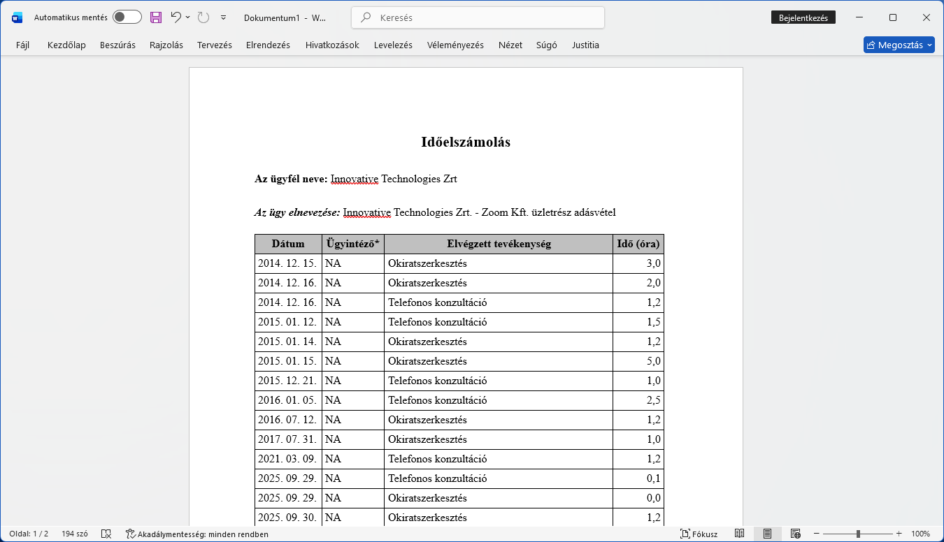 Tevékenységösszesítő